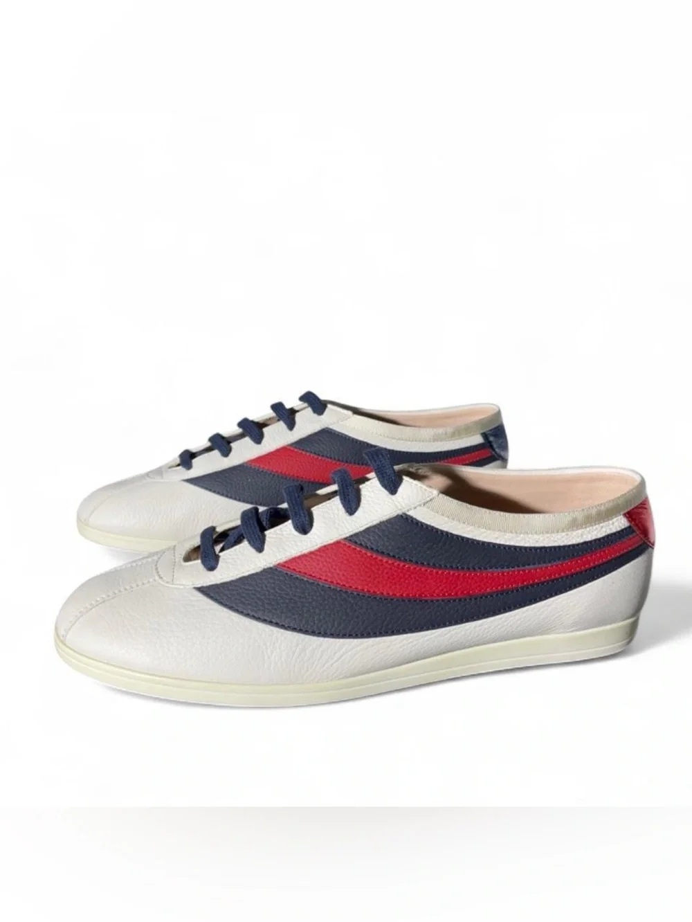 Gucci Falacer 'Cream' Leather Sneakers with Navy and Red Stripe Accents